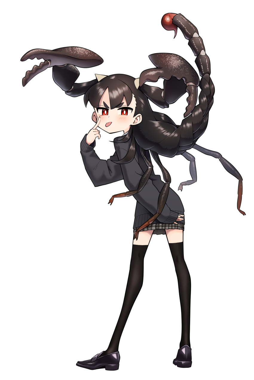 1girl akanbe black_hair black_legwear evolvingmonkey full_body highres insect_girl loafers miniskirt original pincers plaid plaid_skirt pleated_skirt red_eyes school_uniform scorpion scorpion_girl scorpion_tail scorpion_tsuchida shoes skirt solo stinger tail thigh-highs tongue tongue_out white_background zettai_ryouiki