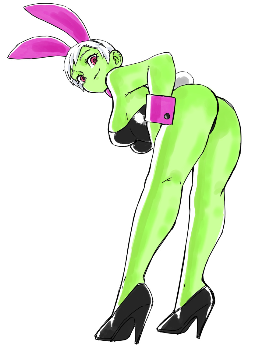 1girl absurdres alternate_costume animal_ears asimatosinosin ass black_footwear black_leotard breasts bunny_tail cheelai colored_skin dragon_ball dragon_ball_super dragon_ball_super_broly fake_animal_ears fake_tail from_behind full_body green_skin high_heels highres leaning_forward leotard looking_at_viewer playboy_bunny rabbit_ears short_hair sideboob simple_background smile solo standing strapless strapless_leotard tail white_background white_hair wrist_cuffs