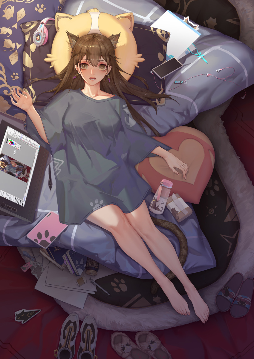 1girl absurdres animal_ears bangs barefoot blue_shirt book bottle breasts brown_hair cat_ears cat_girl cellphone chinese_commentary commentary_request drawing_tablet earphones earrings eraser eyebrows_visible_through_hair feet headphones heart heart_pillow highres indoors jewelry long_hair lying medium_breasts on_back open_mouth original panties panties_removed paper paw_print pen phone pillow shirt shoes shoes_removed short_sleeves slippers slit_pupils smartphone solo stylus tablet_pc tail teeth thigh-highs type-moon_fans underwear yellow_eyes