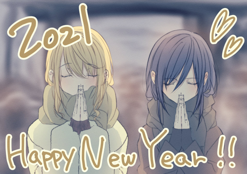 2021 2girls aihara_mei aihara_yuzu bangs black_hair blonde_hair citrus_(saburouta) closed_eyes engagement_ring english_text eyebrows_visible_through_hair glidesloe hands_together happy_new_year head_bowed highres jacket jewelry multiple_girls new_year ring scarf step-siblings winter