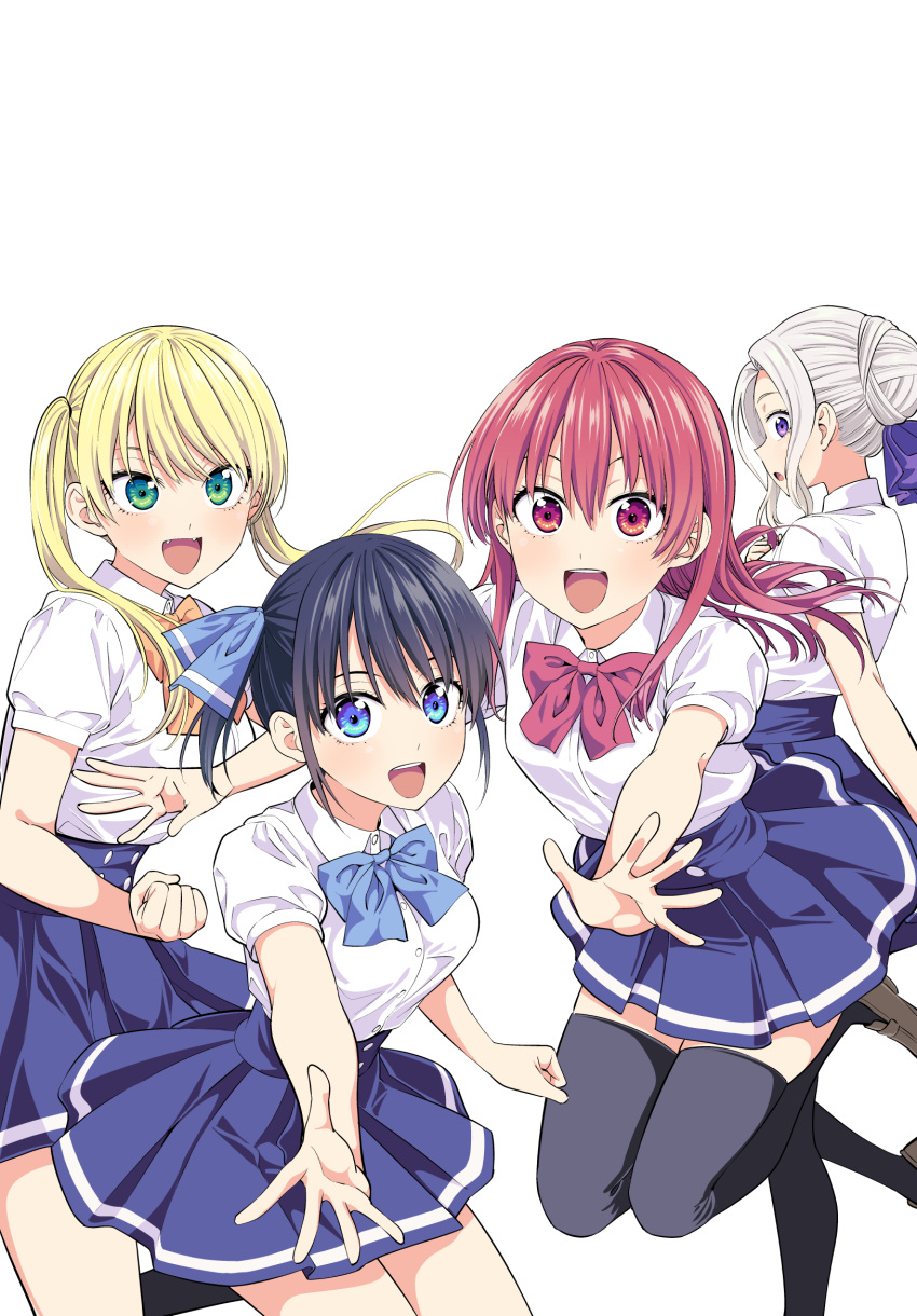 4girls :d :o bangs black_hair black_legwear blonde_hair blue_bow blue_eyes blue_ribbon blue_skirt bow bowtie breasts brown_footwear buttons clenched_hand collared_shirt commentary_request cowboy_shot fist_pump floating_hair green_eyes grey_hair hair_between_eyes hair_bun hair_ribbon hand_on_own_chest happy highres hiroyuki hoshizaki_rika_(kanojo_mo_kanojo) jumping kanojo_mo_kanojo kiryuu_shino large_breasts light_blush long_hair looking_at_viewer medium_breasts minase_nagisa multiple_girls official_art open_mouth orange_bow outstretched_arms outstretched_hand pink_bow pink_eyes pink_hair pleated_skirt purple_ribbon ribbon saki_saki_(kanojo_mo_kanojo) school_uniform shirt shirt_tucked_in shoes short_ponytail short_sleeves side_ponytail simple_background skirt smile standing textless thigh-highs twintails violet_eyes white_background white_shirt