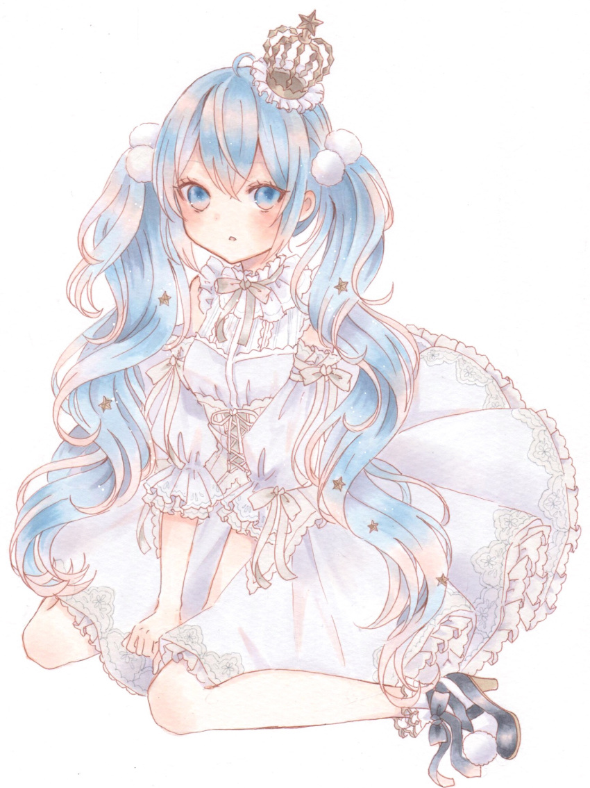 1girl :o ahoge blue_eyes blue_hair corset crown dress eyebrows_visible_through_hair frilled_crown frilled_dress frilled_legwear frilled_sleeves frills hair_ornament hatsune_miku highres long_hair looking_at_viewer marker_(medium) open_mouth paruno pom_pom_(clothes) ribbon shoes socks solo star_(symbol) star_hair_ornament traditional_media twintails v_arms vocaloid white_background white_corset white_dress white_ribbon