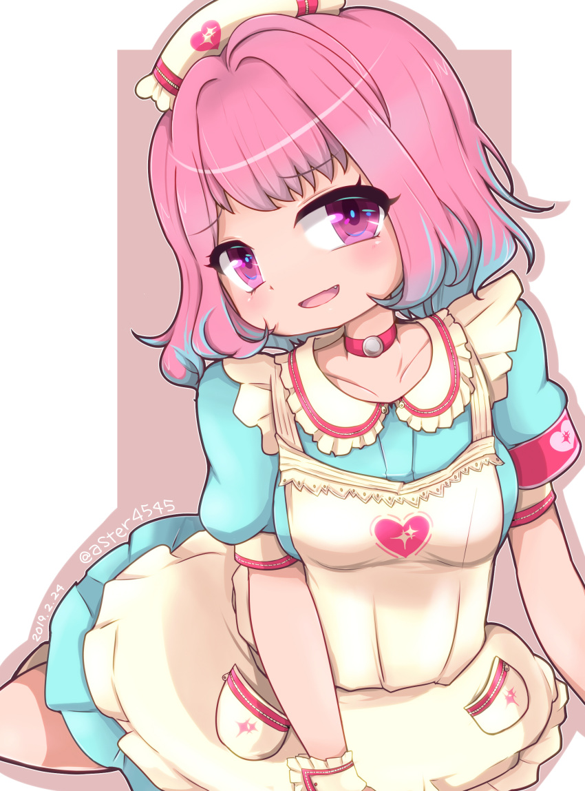 1girl 2019 :d absurdres apron armband bangs blue_dress blue_hair blush breasts choker collarbone dated dress eyebrows_visible_through_hair eyes_visible_through_hair fang furrowed_eyebrows hat heart highres idolmaster idolmaster_cinderella_girls medium_breasts multicolored_hair nurse_cap open_mouth pink_choker pink_eyes pink_hair pocket puffy_short_sleeves puffy_sleeves short_hair short_sleeves silhouette smile solo tenkasu_(aster4545) twitter_username two-tone_hair white_apron white_headwear wrist_cuffs yumemi_riamu zipper zipper_pull_tab