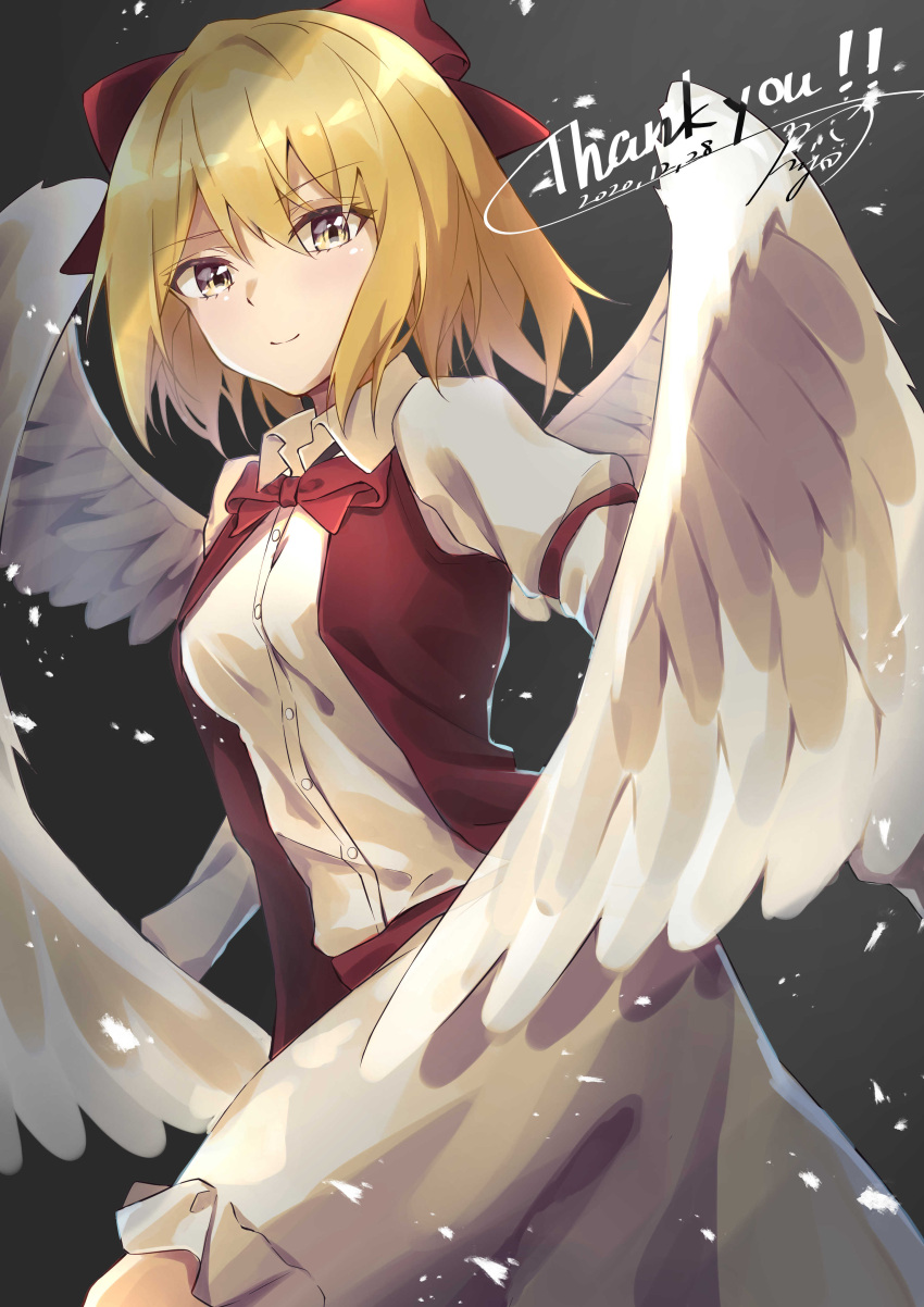 1girl absurdres angel_wings bangs blonde_hair bow breasts closed_mouth collared_shirt commentary_request commission cowboy_shot dark_background dated dress eyebrows_visible_through_hair gengetsu_(touhou) gradient gradient_background grey_background hair_between_eyes hair_bow highres juliet_sleeves kogane_ringo long_sleeves looking_at_viewer medium_breasts open_clothes open_vest puffy_sleeves red_bow red_vest shirt short_hair signature simple_background skeb_commission smile solo touhou touhou_(pc-98) vest white_dress wings yellow_eyes