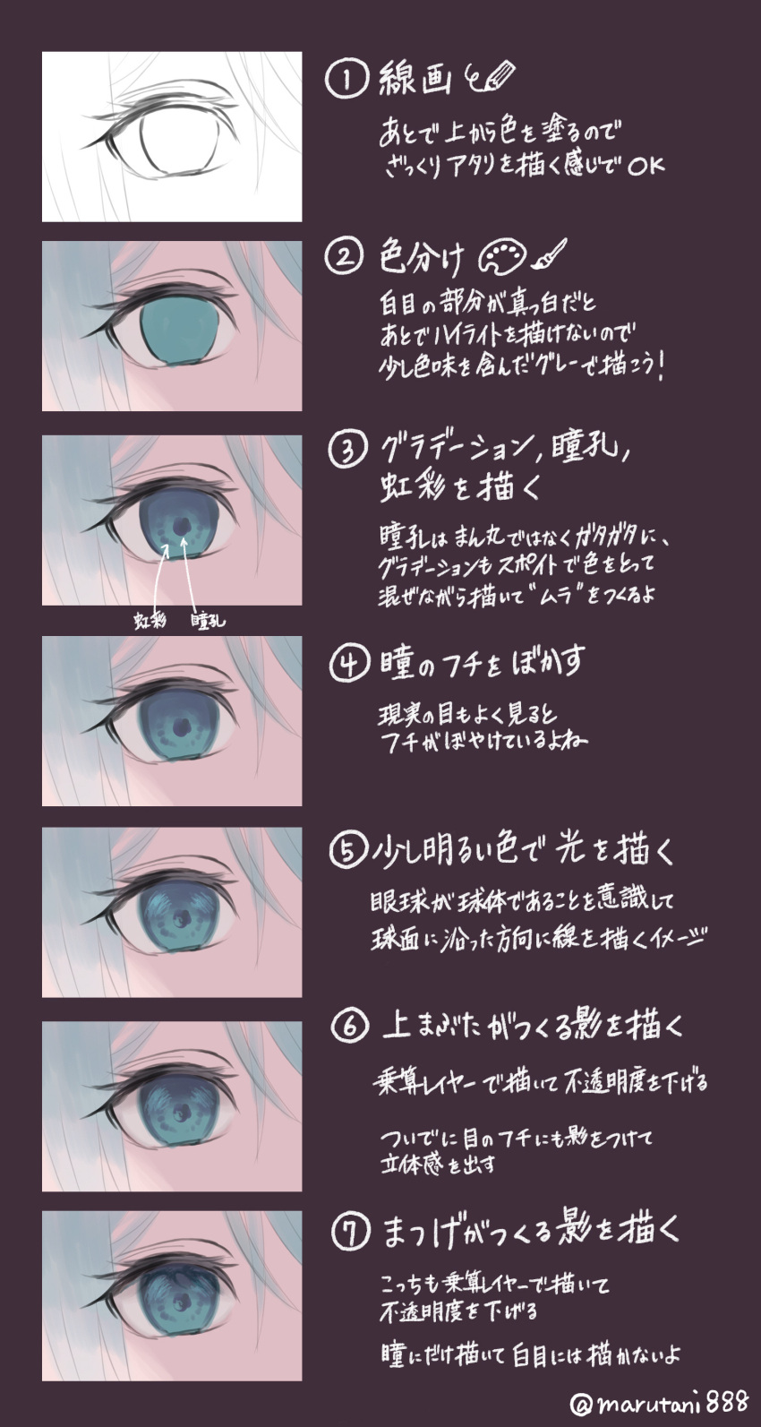 1girl absurdres aqua_eyes aqua_hair arrow_(symbol) chart commentary empty_eyes eyes flat_color hatsune_miku highres how_to lineart looking_at_viewer marutani translation_request twitter_username vocaloid
