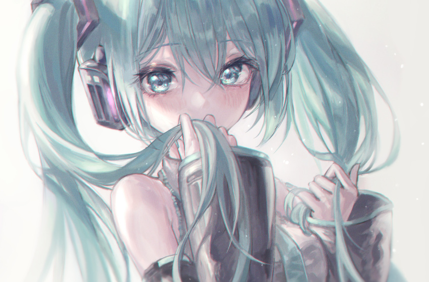 1girl aqua_eyes aqua_hair aqua_nails aqua_neckwear bare_shoulders black_sleeves commentary detached_sleeves grey_shirt hair_ornament hand_to_own_mouth hatsune_miku headphones highres holding holding_hair long_hair looking_at_viewer making-of_available marutani nail_polish necktie shirt sidelighting sleeveless sleeveless_shirt solo twintails upper_body very_long_hair vocaloid