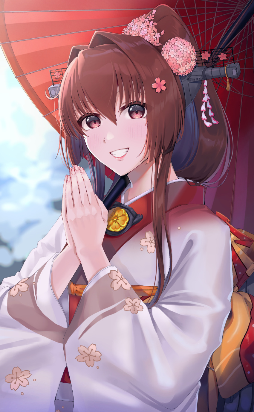 1girl absurdres alternate_costume ayuko91 brown_hair cherry_blossoms floral_print flower hair_flower hair_ornament headgear highres japanese_clothes kantai_collection kimono long_hair obi official_alternate_costume oil-paper_umbrella own_hands_together ponytail print_kimono red_umbrella sash solo umbrella upper_body white_kimono yamato_(kantai_collection)