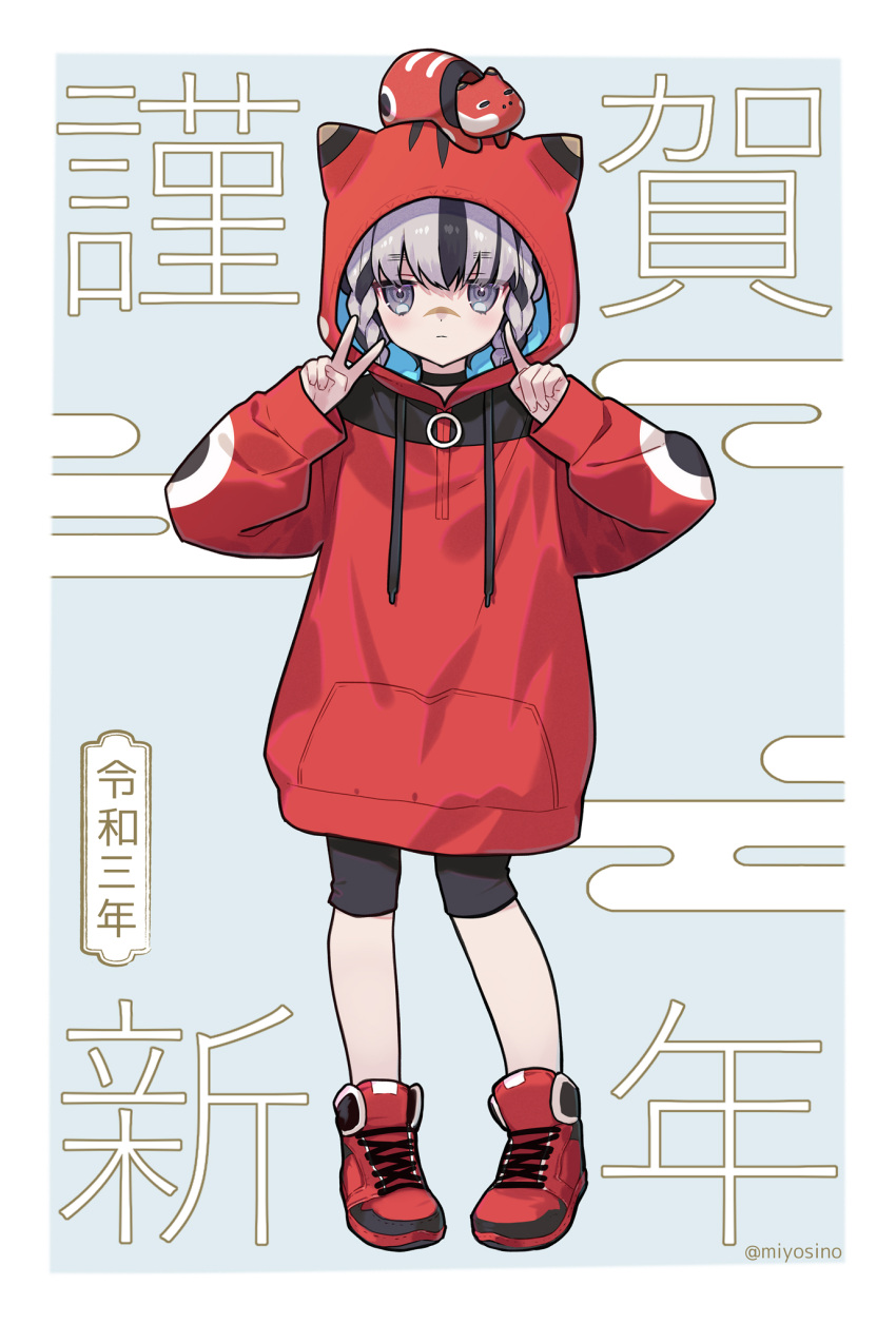 1girl animal_ears animal_hood black_shorts blue_background commentary_request drawstring egasumi fake_animal_ears full_body hands_up highres hood hood_up hoodie long_sleeves miyoshino original pigeon-toed red_footwear red_hoodie shoes shorts sleeves_past_wrists solo standing translation_request two-tone_background v white_background