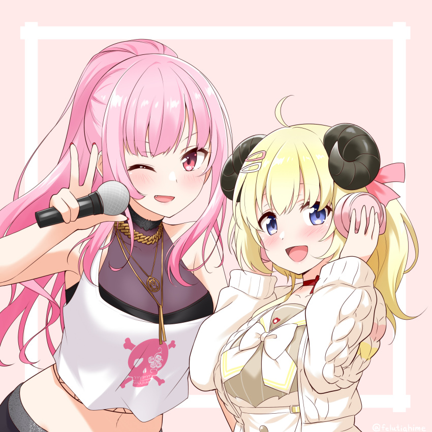 2girls :d ;d ahoge aran_sweater blonde_hair blue_eyes blush bow bowtie breasts cardigan choker commentary crop_top crop_top_overhang dress english_commentary felutiahime fishnets grey_dress hair_ornament hair_ribbon hairclip hand_on_headphones headphones highres holding holding_microphone hololive hololive_english horns jewelry long_hair looking_at_viewer medium_breasts microphone midriff mori_calliope multiple_girls navel necklace no_hat no_headwear official_alternate_costume one_eye_closed open_mouth pink_background pink_eyes pink_hair pink_ribbon ponytail red_choker ribbon see-through sheep_girl sheep_horns side-by-side simple_background sleeveless smile strap_slip sweater tank_top tsunomaki_watame upper_body v virtual_youtuber white_bow white_cardigan white_neckwear white_tank_top