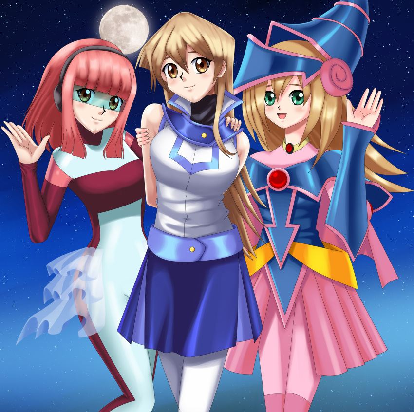 3girls arms_behind_back blonde_hair blue_collar blue_shirt blue_skirt blush cute cyber_tutu dark_magician_girl detached_sleeves deviantart glasses green_eyes happy hat jumpsuit looking_at_viewer magical_girl moon night pink_dress pink_hair pose sincity2100 sleeveless sleeveless_jacket sleeveless_shirt sleeveless_sweater stars tenjouin_asuka tutu waving white_jacket yellow_eyes yu-gi-oh! yuu-gi-ou yuu-gi-ou_gx