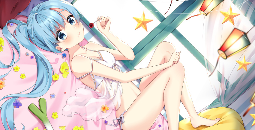1girl absurdres babydoll bed blue_eyes blue_flower blue_hair cherry commentary day dutch_angle flower food fruit hatsune_miku highres holding holding_food holding_fruit lantern legs_up lips long_hair looking_at_viewer lying mukuro_usss on_back pillow solo spring_onion star_ornament thighs twintails very_long_hair vocaloid window yellow_flower