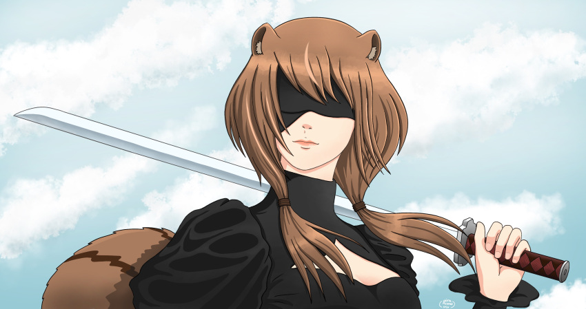 1girl absurdres aditya_achmad animal_ear_fluff animal_ears artist_name ayunda_risu blindfold cleavage_cutout clothing_cutout cosplay crossover highres holding holding_sword holding_weapon hololive hololive_indonesia medium_hair nier_(series) nier_automata over_shoulder smile solo squirrel_ears squirrel_girl squirrel_tail sword tail twintails upper_body virtual_youtuber weapon weapon_over_shoulder yorha_no._2_type_b yorha_no._2_type_b_(cosplay)