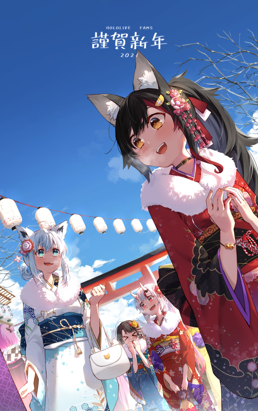 5girls absurdres ahoge alternate_costume alternate_hair_length alternate_hairstyle animal_ears aqua_eyes bag black_hair blue_sky bracelet breath breathing_on_hands brown_eyes choker clouds cloudy_sky day dutch_angle elbow_carry fams_(group) fingernails fox_ears hair_bun hair_up handbag hatsumoude highres hololive horns japanese_clothes jewelry kantai_collection kimono lantern long_hair looking_back multiple_girls nakiri_ayame obi one_eye_closed oni_horns ookami_mio oozora_subaru outdoors paper_lantern purple_hair sash shirakami_fubuki shrine sidelocks sky smile tokoyami_towa torii tree tsukino_(nakajimaseiki) very_long_hair white_hair winter wolf_ears xo