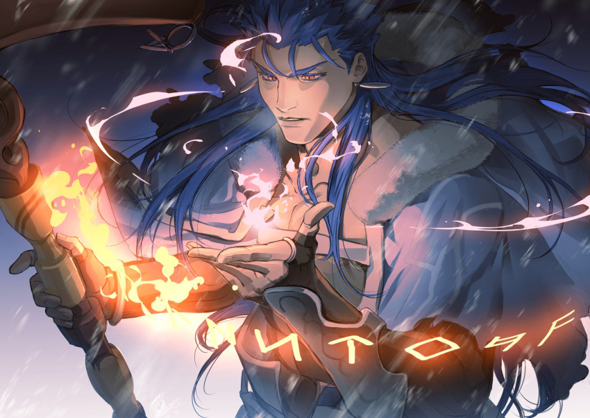 1boy blue_hair bracelet capelet casting_spell cu_chulainn_(fate)_(all) cu_chulainn_(fate/grand_order) earrings fate/grand_order fate_(series) fire floating_hair fur-trimmed_hood fur_trim gochary1212 highres holding holding_staff hood hood_down hooded_capelet jewelry long_hair male_focus red_eyes runes slit_pupils solo spiky_hair staff type-moon vambraces wooden_staff