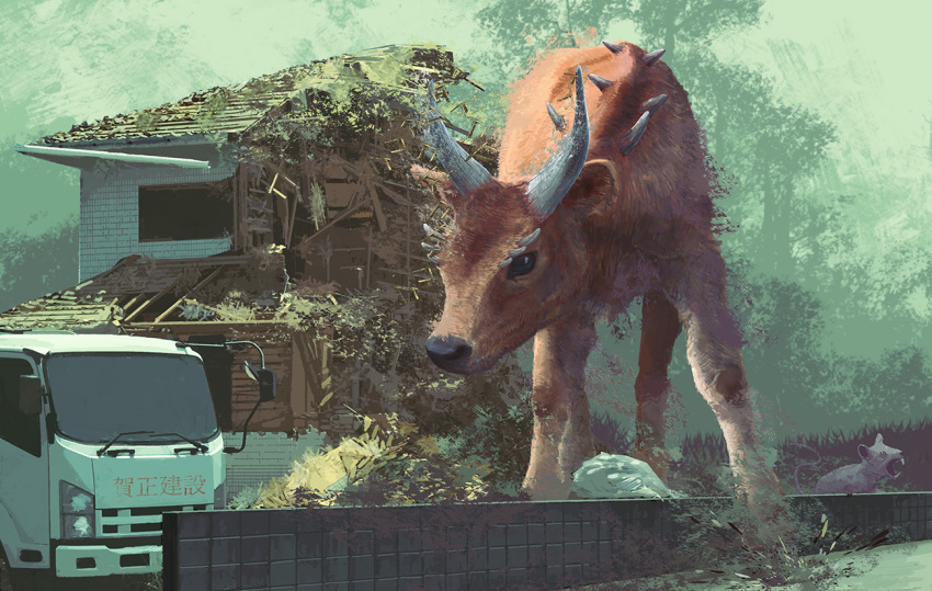 animal black_eyes building commentary_request day ground_vehicle house motor_vehicle mouse nature no_humans open_mouth original outdoors oversized_animal realistic ruins scenery spikes standing stone_wall toy(e) tree truck wall yuugai_choujuu