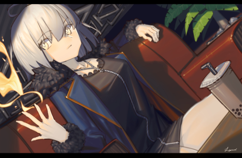 1girl ahoge bangs black_dress blue_jacket breasts bubble_tea chair dress dutch_angle eyebrows_visible_through_hair fate_(series) fire fur_collar fur_trim grey_hair hair_between_eyes highres jacket jeanne_d'arc_(alter)_(fate) jeanne_d'arc_(fate)_(all) jewelry lanzi_(415460661) medium_breasts necklace shadow signature sitting solo yellow_eyes