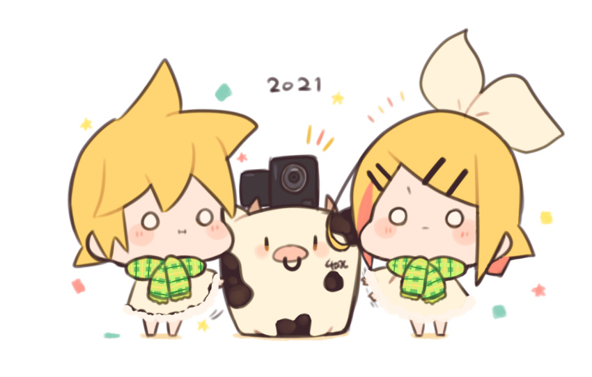 1boy 1girl 2021 :i ^^^ afterimage bangs blonde_hair blush_stickers bow brother_and_sister chibi chinese_zodiac commentary cow dress fur-trimmed_dress fur_trim hair_bow hair_ornament hairclip kagamine_len kagamine_rin kitsune_no_ko short_hair siblings solid_circle_eyes speaker spiky_hair standing star_(symbol) swept_bangs twins vocaloid waving_arm white_background white_bow white_dress year_of_the_ox