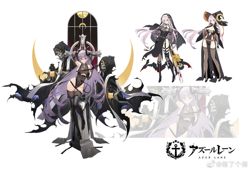 1girl azur_lane black_footwear black_legwear blue_eyes boots breasts chainsaw clothing_cutout concept_art covered_navel cross demon_horns demon_tail expressions glasses gneisenau_(azur_lane) gneisenau_(nightmarish_succubus)_(azur_lane) halloween halloween_costume hat hood horns lantern large_breasts leotard long_hair navel ns_(ntrsis) nun official_alternate_costume official_art pubic_tattoo purple_hair rectangular_eyewear see-through semi-rimless_eyewear skeleton smile tail tattoo thigh-highs thigh_boots thigh_gap thighs translation_request under_boob underboob_cutout very_long_hair whip witch witch_hat