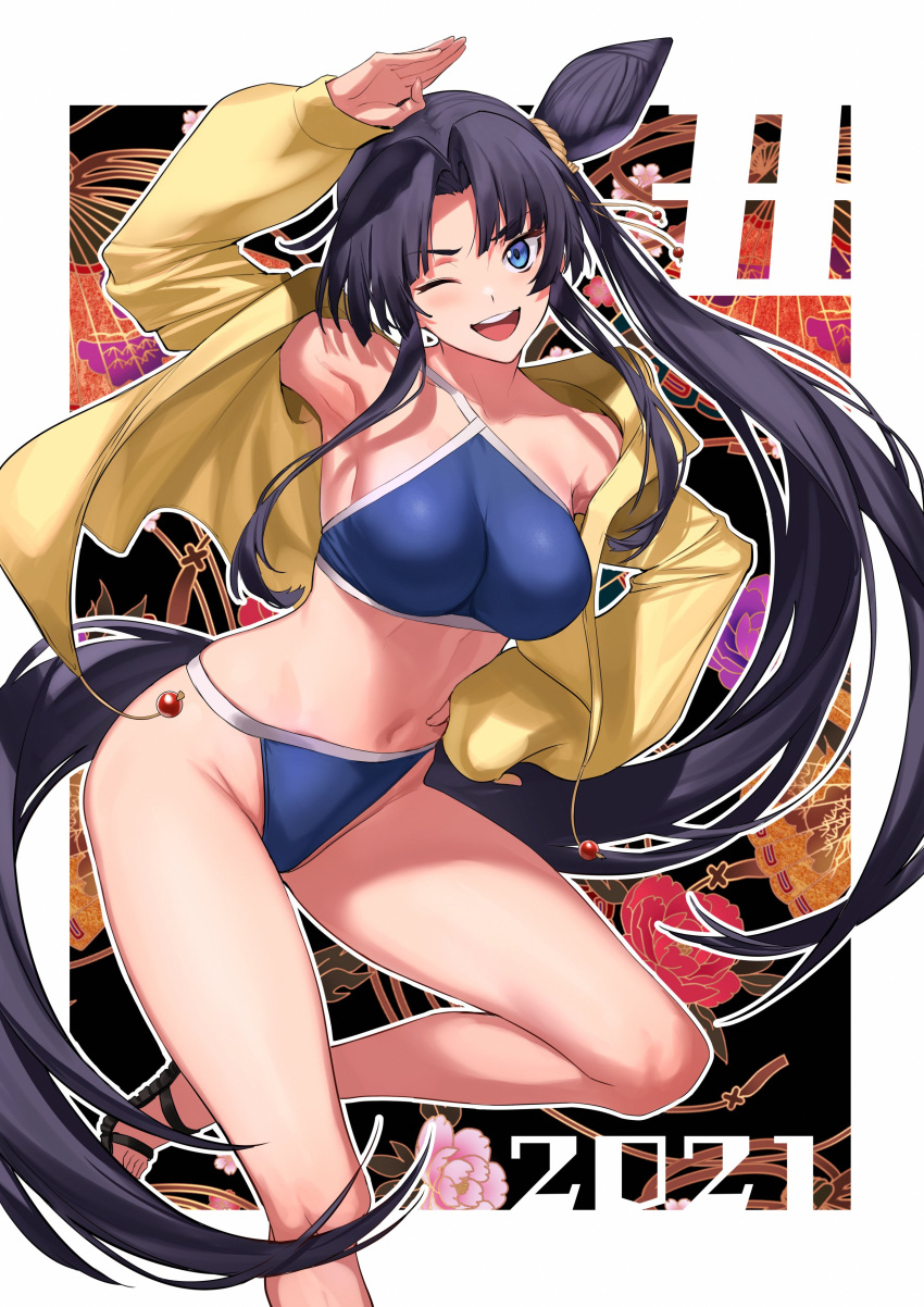 1girl 2021 absurdres bangs bare_shoulders bikini black_hair blue_bikini blue_eyes blush breasts collarbone fate/grand_order fate_(series) hair_bun highres jacket large_breasts long_hair long_sleeves looking_at_viewer navel one_eye_closed open_clothes open_jacket open_mouth parted_bangs sandals side_bun side_ponytail sidelocks smile swimsuit thighs ulrich_(tagaragakuin) ushiwakamaru_(fate/grand_order) ushiwakamaru_(swimsuit_assassin)_(fate) very_long_hair yellow_jacket