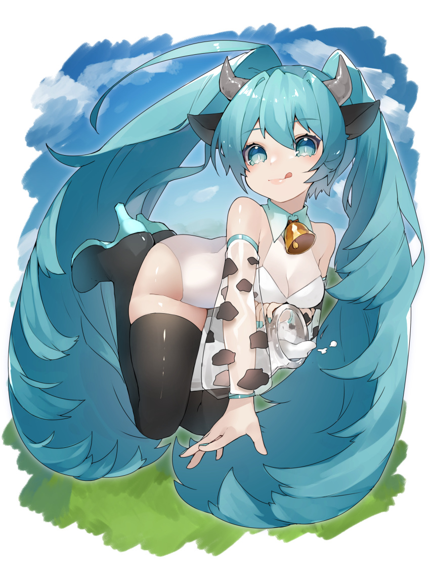 1girl absurdres animal_ears animal_print aqua_eyes aqua_hair bare_shoulders black_legwear bottle commentary cow_ears cow_girl cow_horns cow_print detached_sleeves grass hair_ornament hatsune_miku high_heels highres horns legs_up leotard lips long_hair milk_bottle neck_bell reirou_(chokoonnpu) see-through_sleeves shiny shiny_clothes shiny_legwear sky smile solo spilling thigh-highs tongue tongue_out twintails very_long_hair vocaloid white_leotard