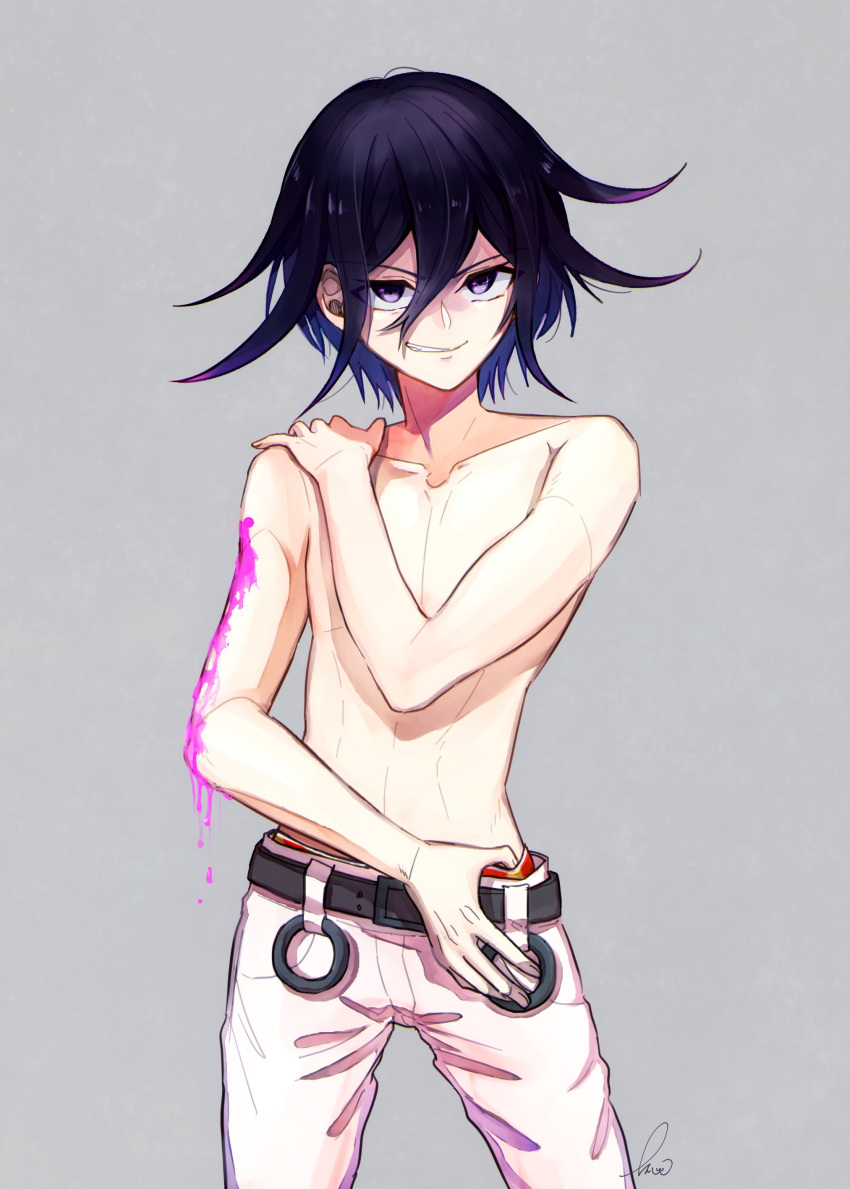 1boy absurdres bangs belt black_belt collarbone cowboy_shot dangan_ronpa_(series) dangan_ronpa_v3:_killing_harmony grey_background grin hair_between_eyes highres kitsunebi_v3kokonn looking_at_viewer male_focus male_underwear ouma_kokichi pants pink_blood purple_hair shirtless short_hair simple_background smile solo underwear violet_eyes white_pants