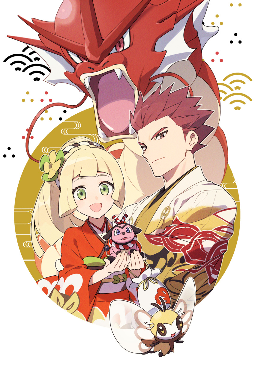 1boy 1girl :d blonde_hair closed_mouth commentary_request eyelashes floral_print gen_1_pokemon gen_2_pokemon gen_7_pokemon green_eyes gyarados hair_ornament highres holding japanese_clothes kimono lance_(pokemon) lillie_(pokemon) looking_at_viewer miltank open_mouth orange_kimono pokemon pokemon_(creature) pokemon_(game) pokemon_masters_ex ponytail pouch redhead ribombee sash shiny shiny_hair smile spiky_hair xia_(ryugo)