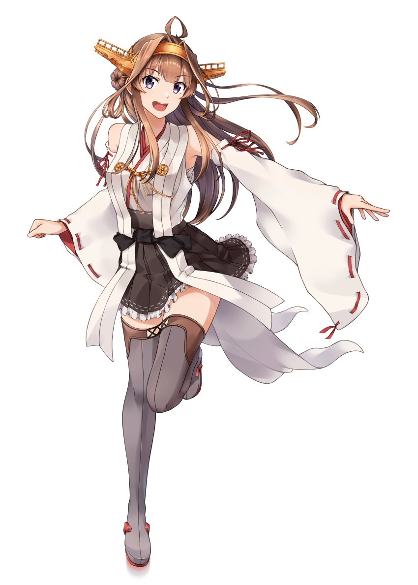 1girl absurdres ahoge black_skirt boots brown_hair commentary_request commission cowboy_shot detached_sleeves double_bun grey_eyes hairband hakama_skirt headgear highres japanese_clothes kantai_collection kongou_(kantai_collection) long_hair nontraditional_miko rankebu remodel_(kantai_collection) revision ribbon-trimmed_sleeves ribbon_trim simple_background skirt smile solo thigh-highs thigh_boots white_background
