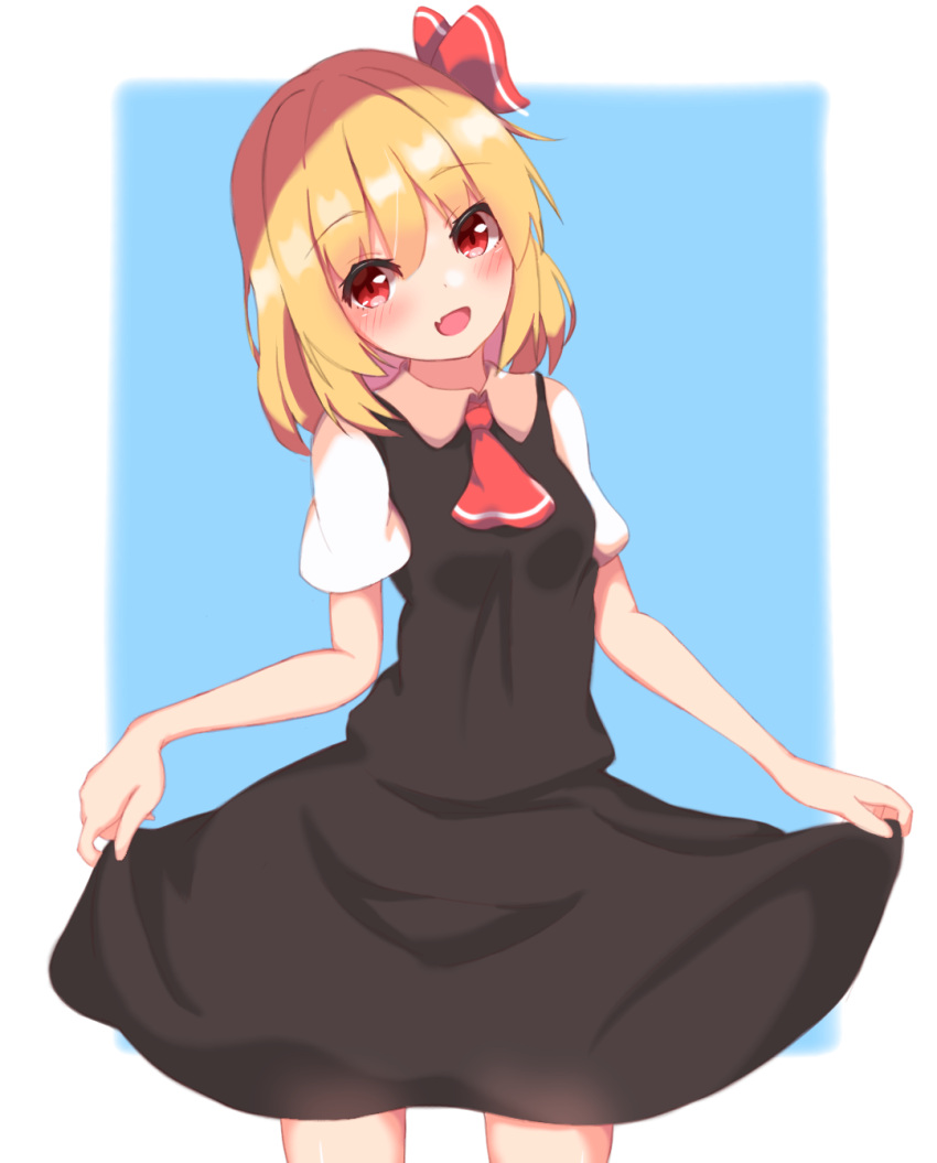 1girl :d ascot bangs black_dress blonde_hair blue_background collared_dress commentary cowboy_shot dress eyebrows_visible_through_hair fang hair_ribbon head_tilt highres iroha_(pcrx7327) looking_at_viewer medium_hair open_mouth red_eyes red_neckwear red_ribbon ribbon rumia short_dress short_sleeves skin_fang skirt_hold smile solo standing touhou