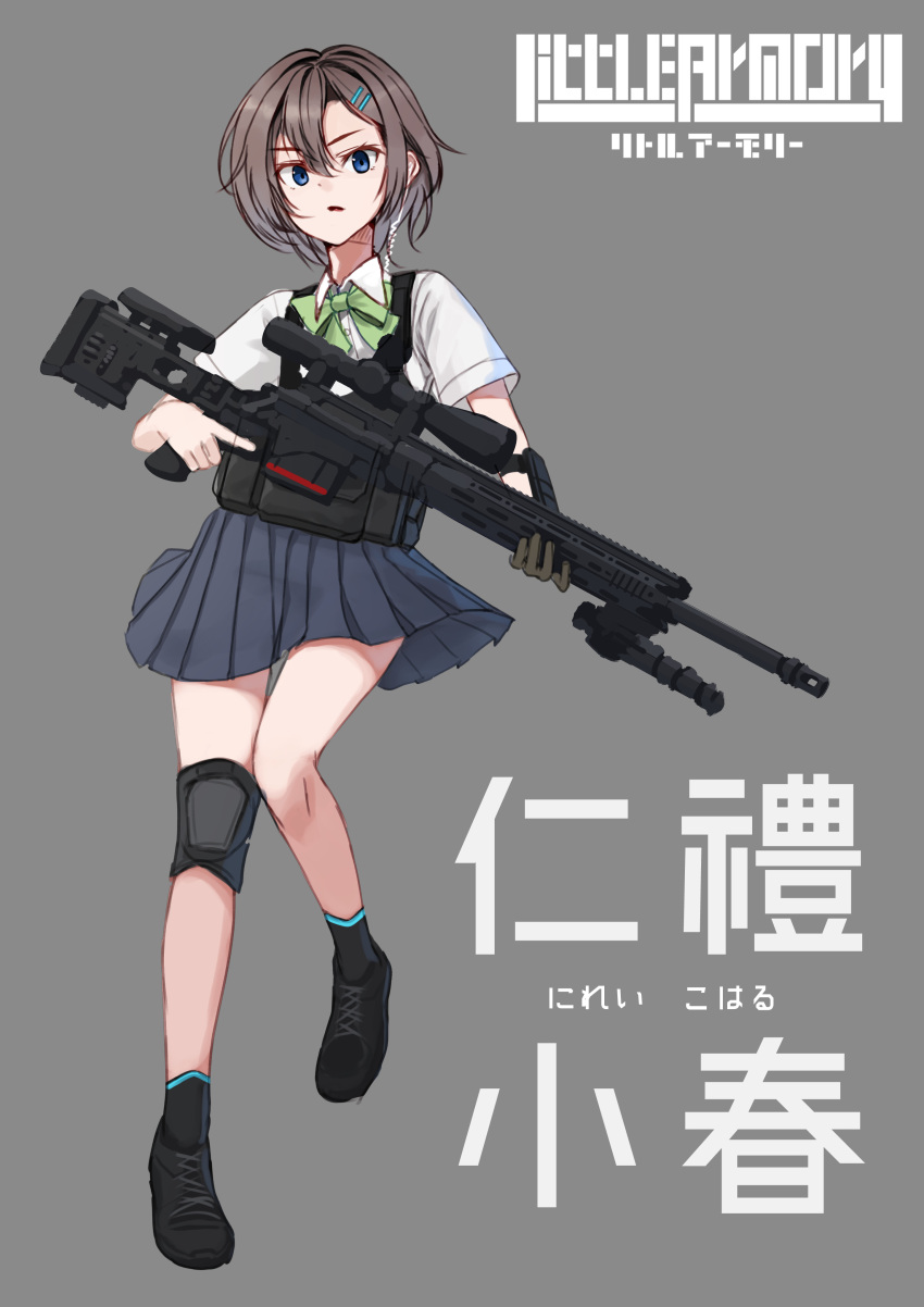 1girl absurdres bangs black_footwear black_legwear blue_eyes blue_skirt bow bowtie brown_hair character_name dreadtie dress_shirt earpiece full_body gen_1_pokemon gloves green_neckwear grey_gloves gun highres holding holding_gun holding_weapon knee_pads little_armory looking_at_viewer miniskirt nirei_koharu parted_lips pleated_skirt rifle school_uniform shirt shoes short_hair short_sleeves single_glove skirt sniper_rifle sniper_scope socks solo standing standing_on_one_leg translated trigger_discipline weapon white_shirt wing_collar xm2010