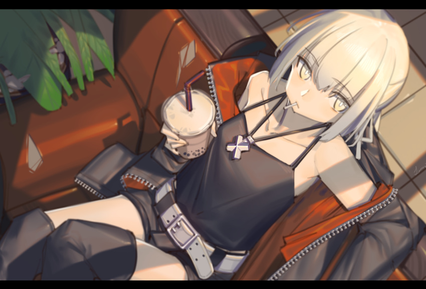 1girl artoria_pendragon_(all) bangs belt black_jacket black_legwear black_shorts bubble_tea chair drink drinking_straw dutch_angle eyebrows_visible_through_hair fate_(series) highres holding holding_drink jacket lanzi_(415460661) leaf open_clothes open_jacket plant platinum_blonde_hair saber_alter shadow shorts solo thigh-highs white_belt yellow_eyes