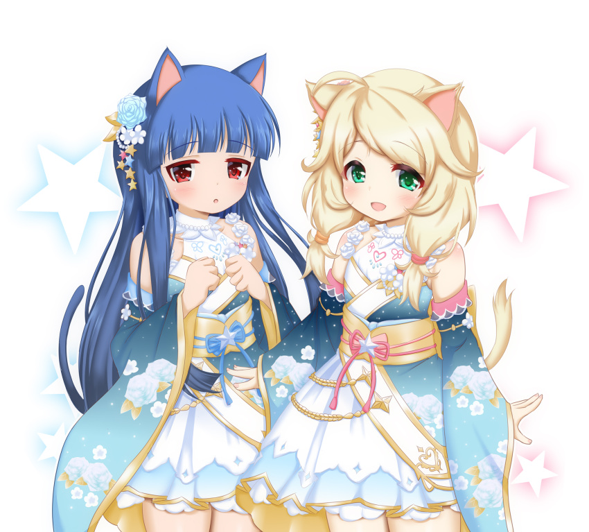 2girls animal_ears bare_shoulders blonde_hair blue_hair blush cat_ears dress flat_chest green_eyes highres hosizora_mikoto idolmaster idolmaster_cinderella_girls long_hair looking_at_viewer medium_hair multiple_girls open_mouth red_eyes sajou_yukimi shy smile standing tail yusa_kozue