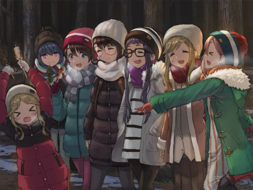 &gt;_&lt; 6+girls :d black_hair blonde_hair blue_eyes blue_hair blush_stickers breath brown_hair closed_eyes dango eating eyebrows_visible_through_hair fang fingerless_gloves food forest fur_trim glasses gloves hat holding inuyama_akari inuyama_aoi iwauchi_tomoki jacket kagamihara_nadeshiko multiple_girls nature oogaki_chiaki open_mouth outdoors pink_hair purple_hair rectangular_eyewear round_eyewear saitou_ena scarf shima_rin skin_fang smile sweatdrop thick_eyebrows toba_minami violet_eyes wagashi winter_clothes yurucamp