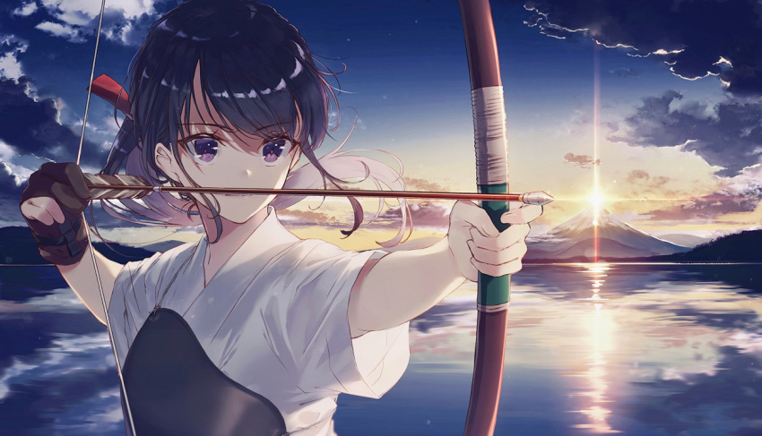 1girl archery arrow_(projectile) black_hair bow_(weapon) gloves kusaka_kou kyuudou mount_fuji muneate original outdoors partially_fingerless_gloves ponytail reflection sky solo sun twilight upper_body violet_eyes water weapon