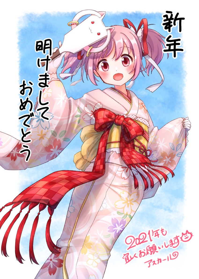1girl 2021 :d alternate_costume asukaru_(magika_ru) blue_background blue_flower border bow cherry_blossom_print cherry_blossoms dot_nose eyebrows_visible_through_hair feet_out_of_frame floral_print flower gloves hagoita hair_ribbon happy highres japanese_clothes kaname_madoka kimono kyubey leaf_print light_blush looking_at_viewer mahou_shoujo_madoka_magica multicolored multicolored_clothes multicolored_kimono obi open_mouth paddle pink_eyes pink_hair pink_kimono plaid plaid_bow polka_dot purple_flower red_bow red_flower red_ribbon ribbon sash shiny shiny_hair short_twintails simple_background smile solo sparkle_print striped striped_sash tassel translation_request twintails waist_bow white_border white_flower white_gloves