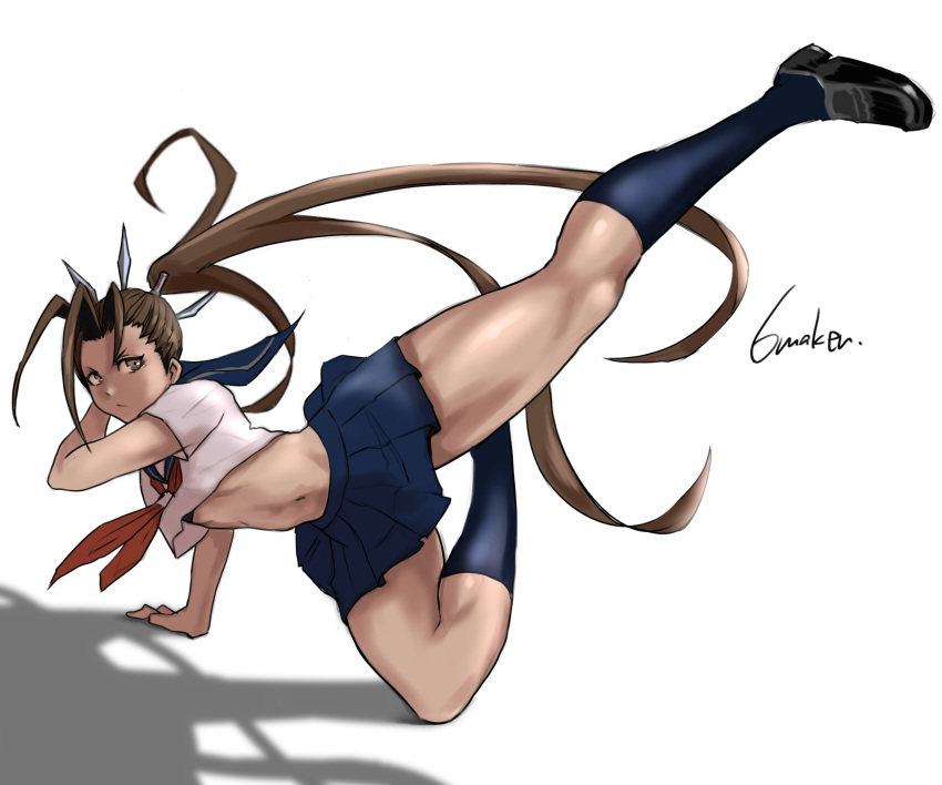 1girl 6maker absurdres antenna_hair between_fingers black_footwear blue_legwear breasts brown_hair commentary_request crop_top full_body highres holding holding_weapon ibuki_(street_fighter) kicking kunai loafers long_hair midriff muscular muscular_female official_alternate_costume ponytail school_uniform shoes skirt small_breasts socks solo street_fighter street_fighter_v thick_thighs thighs under_boob very_long_hair weapon