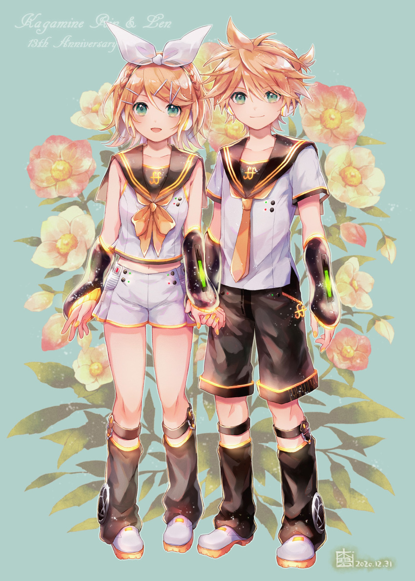 1boy 1girl anniversary aqua_background arm_warmers bangs bare_shoulders black_collar black_shorts black_sleeves blonde_hair bow character_name closed_mouth collar commentary crop_top dated floral_background flower fortissimo full_body hair_bow hair_ornament hairclip hana_(mew) headphones highres holding_hands kagamine_len kagamine_len_(vocaloid4) kagamine_rin kagamine_rin_(vocaloid4) leaf leg_warmers looking_at_viewer magnolia nail_polish neckerchief necktie open_mouth pink_flower sailor_collar school_uniform see-through_sleeves shiny shiny_clothes shirt short_hair short_ponytail short_shorts short_sleeves shorts signature sleeveless sleeveless_shirt smile sparkle spiky_hair standing suspenders swept_bangs v4x vocaloid white_bow white_footwear white_shirt white_shorts yellow_flower yellow_nails yellow_neckwear