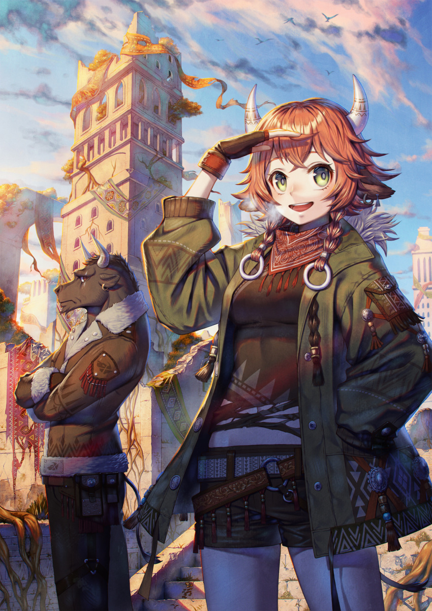 1boy 1girl braid brown_coat brown_hair brown_shorts building clouds coat day fantasy furry hair_ornament hand_up hands_in_pockets highres horns jacket nengajou new_year original outdoors sho_(sumika) shorts standing twin_braids