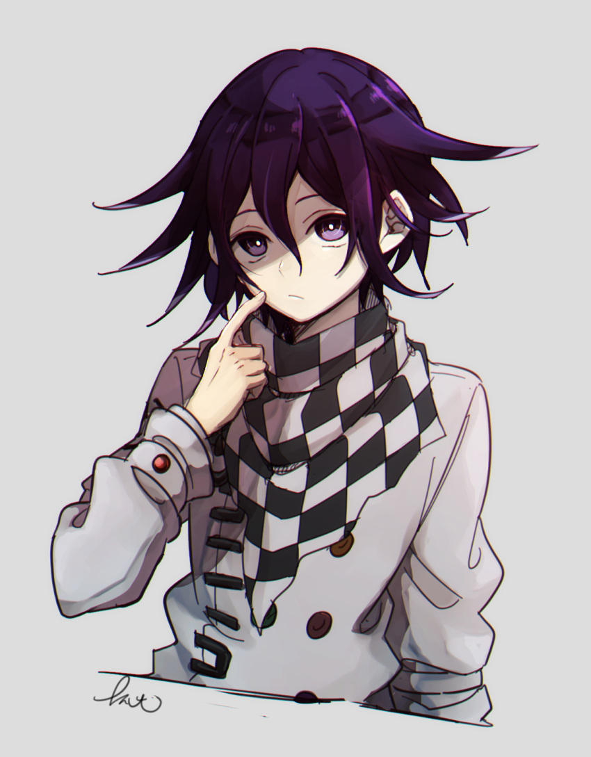 1boy bangs checkered checkered_scarf closed_mouth commentary_request dangan_ronpa_(series) dangan_ronpa_v3:_killing_harmony finger_to_cheek grey_background grey_jacket hair_between_eyes hand_up highres index_finger_raised jacket kitsunebi_v3kokonn long_sleeves looking_at_viewer male_focus ouma_kokichi purple_hair scarf short_hair signature simple_background solo straitjacket upper_body violet_eyes