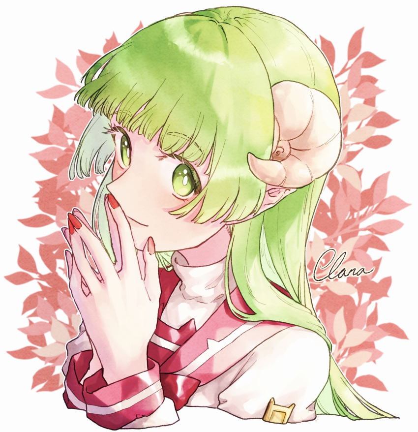 1girl badge closed_mouth curled_horns eyebrows_visible_through_hair green_eyes green_hair hands_together highres horns leaf long_hair long_sleeves mairimashita!_iruma-kun pointy_ears purutera red_nails red_sailor_collar sailor_collar simple_background smile solo straight_hair turtleneck valac_clara visible_ears