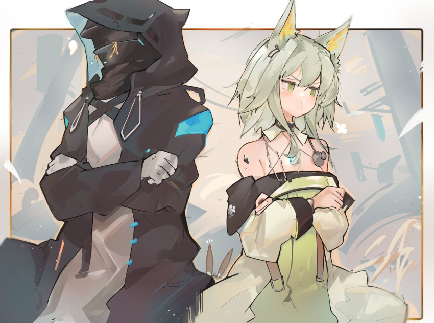 1other 2girls amiya_(arknights) animal_ears arknights black_jacket brown_hair crossed_arms doctor_(arknights) dress food gloves green_dress green_eyes green_hair grey_gloves highres hood hood_up hooded_jacket jacket kal'tsit_(arknights) long_sleeves lynx_ears mask mikojin multiple_girls noodles off-shoulder_jacket oripathy_lesion_(arknights) pout rabbit_ears short_hair strapless strapless_dress white_jacket