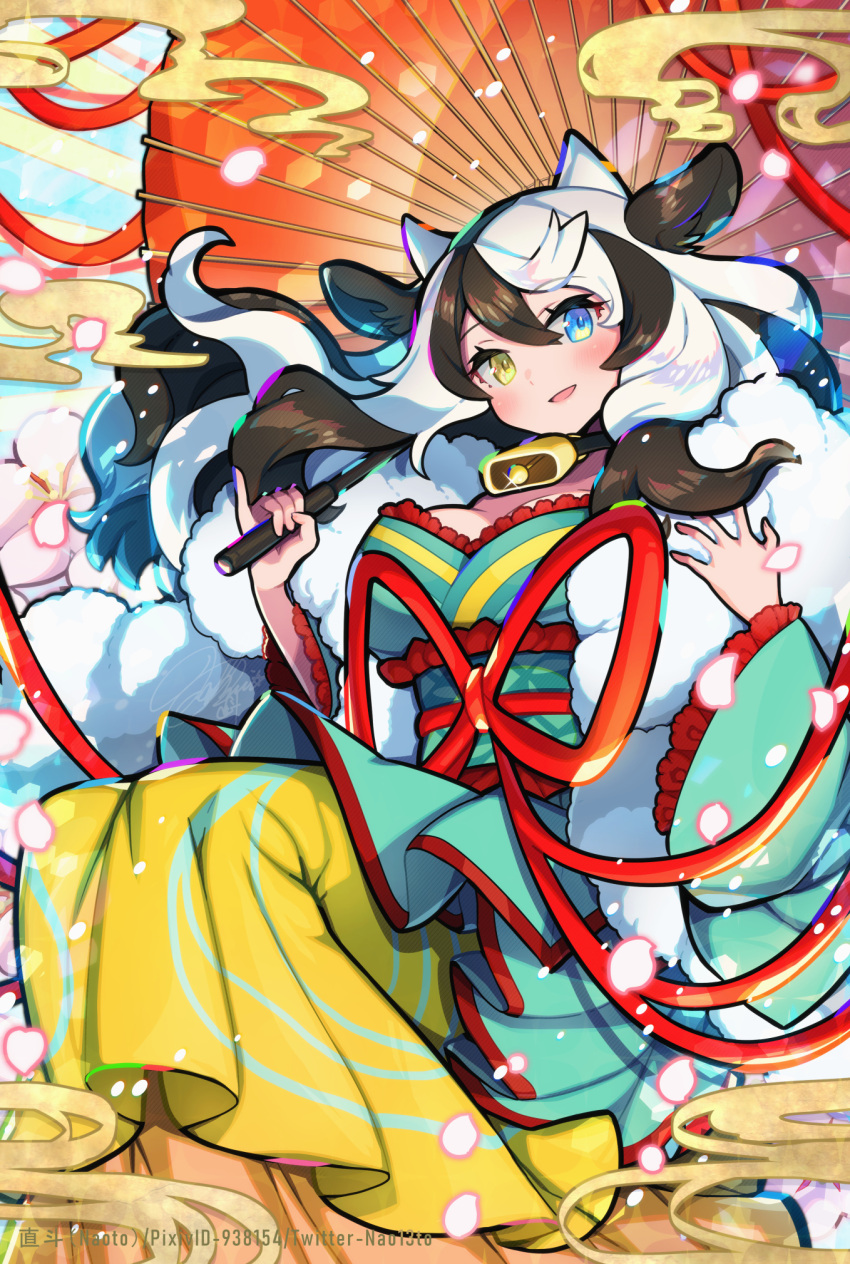 1girl animal_ears bell bell_collar breasts collar commentary_request cow_ears cow_girl cow_horns cowbell eyebrows_visible_through_hair feather_boa flower hair_between_eyes heterochromia highres holding holding_umbrella horns japanese_clothes kimono long_hair long_sleeves looking_at_viewer multicolored_hair naoto_(yandereheaven) new_year oil-paper_umbrella original petals pinky_out signature smile solo two-tone_hair umbrella watermark