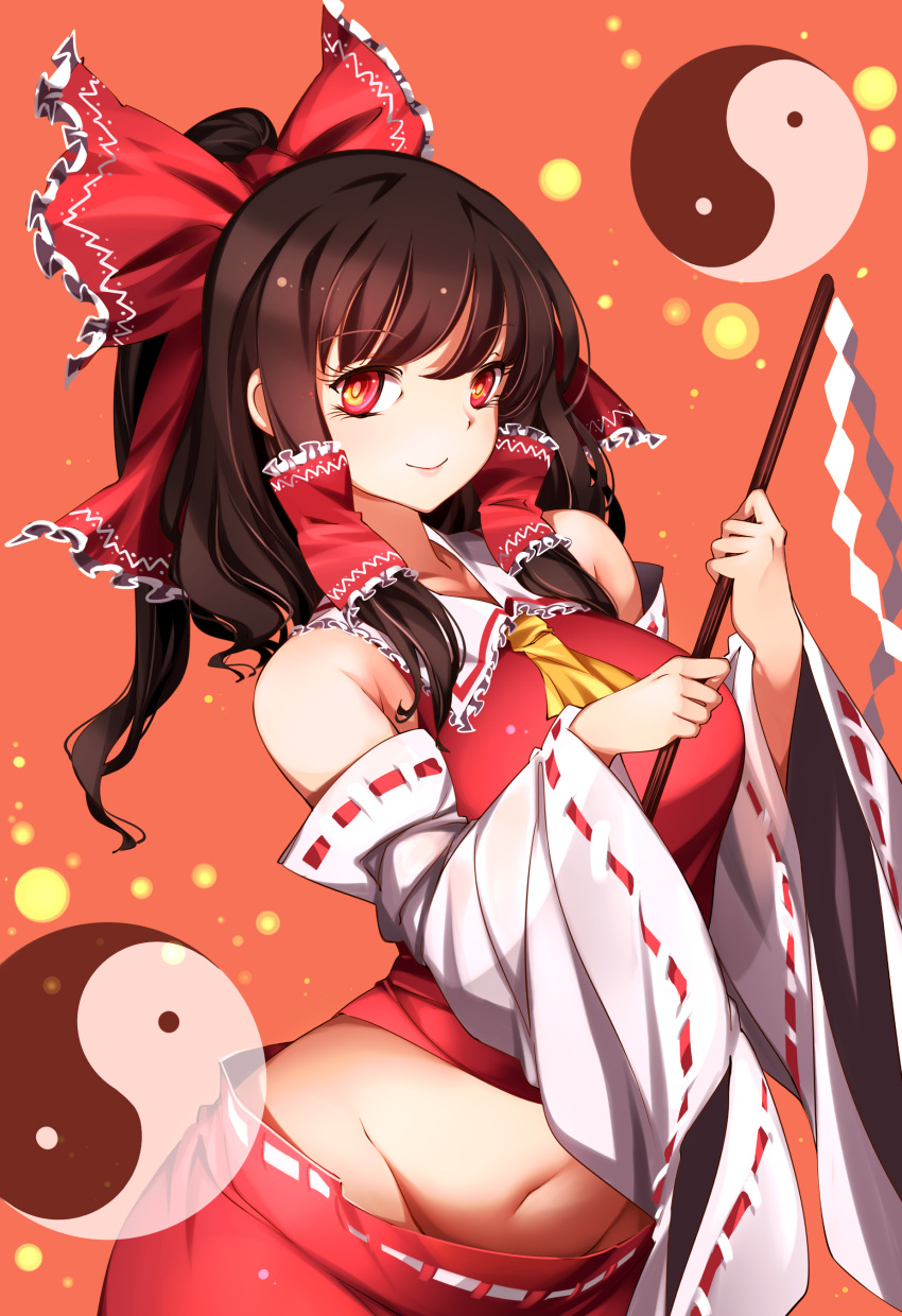 1girl absurdres ascot bangs bare_shoulders bow breasts brown_hair closed_mouth collarbone cowboy_shot detached_sleeves eyebrows_visible_through_hair frilled_bow frilled_hair_tubes frilled_shirt_collar frills gohei groin hair_bow hakurei_reimu highres holding large_breasts looking_at_viewer medium_hair navel nontraditional_miko orange_background ponytail raptor7 red_bow red_eyes red_ribbon red_shirt red_skirt ribbon ribbon-trimmed_skirt ribbon-trimmed_sleeves ribbon_trim shirt simple_background skirt smile solo standing touhou white_ribbon wide_sleeves yellow_neckwear yin_yang_orb