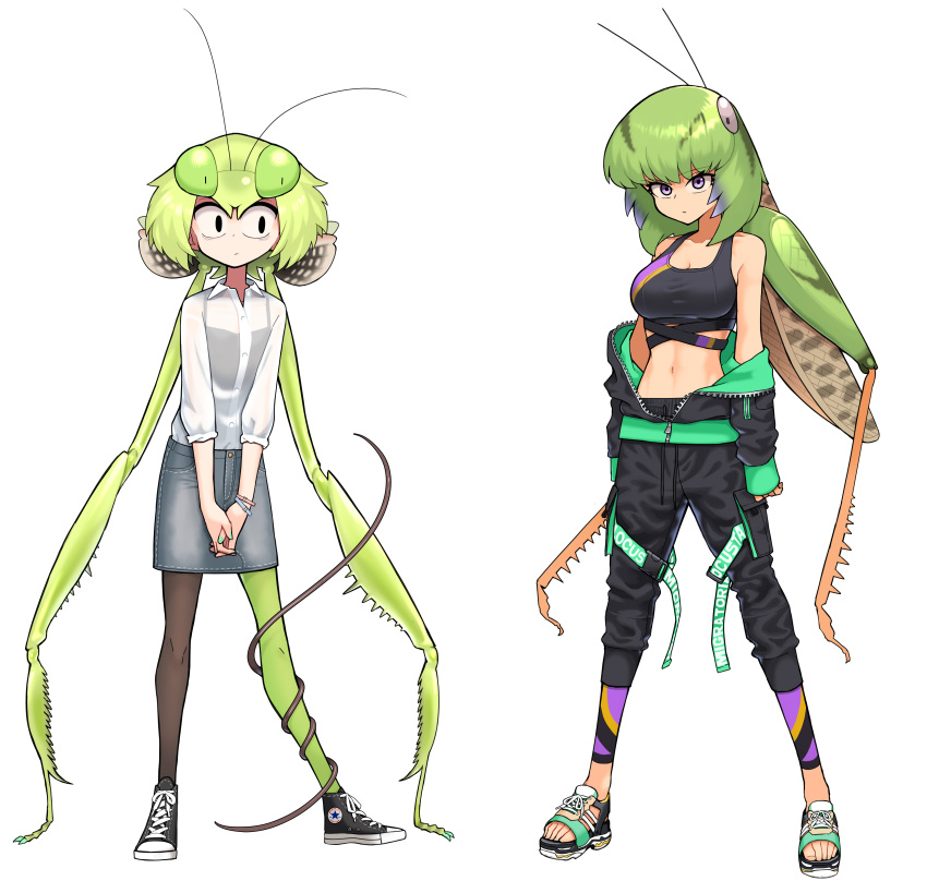 2girls absurdres antennae black_legwear bug camisole denim denim_skirt evolvingmonkey grasshopper grasshopper_inoue green_hair green_legwear highres insect insect_girl mantis_akiyama mismatched_legwear multiple_girls navel off_shoulder open_toe_shoes original parasite praying_mantis sandals see-through shoes skirt sneakers sports_bra white_background worms