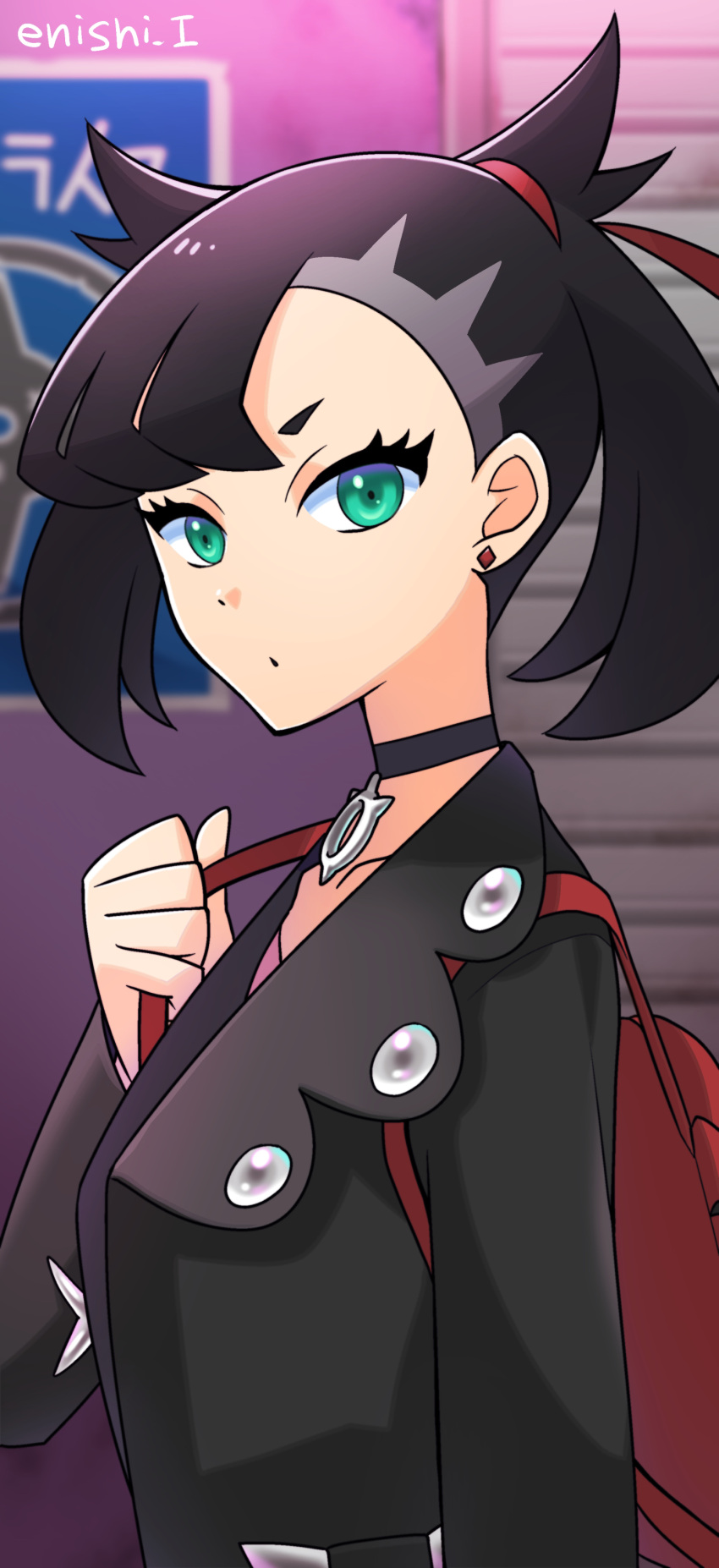 1girl absurdres backpack bag black_hair commentary_request enishi_(menkura-rin10) eyelashes green_eyes highres looking_at_viewer marnie_(pokemon) pokemon pokemon_(game) pokemon_swsh twintails