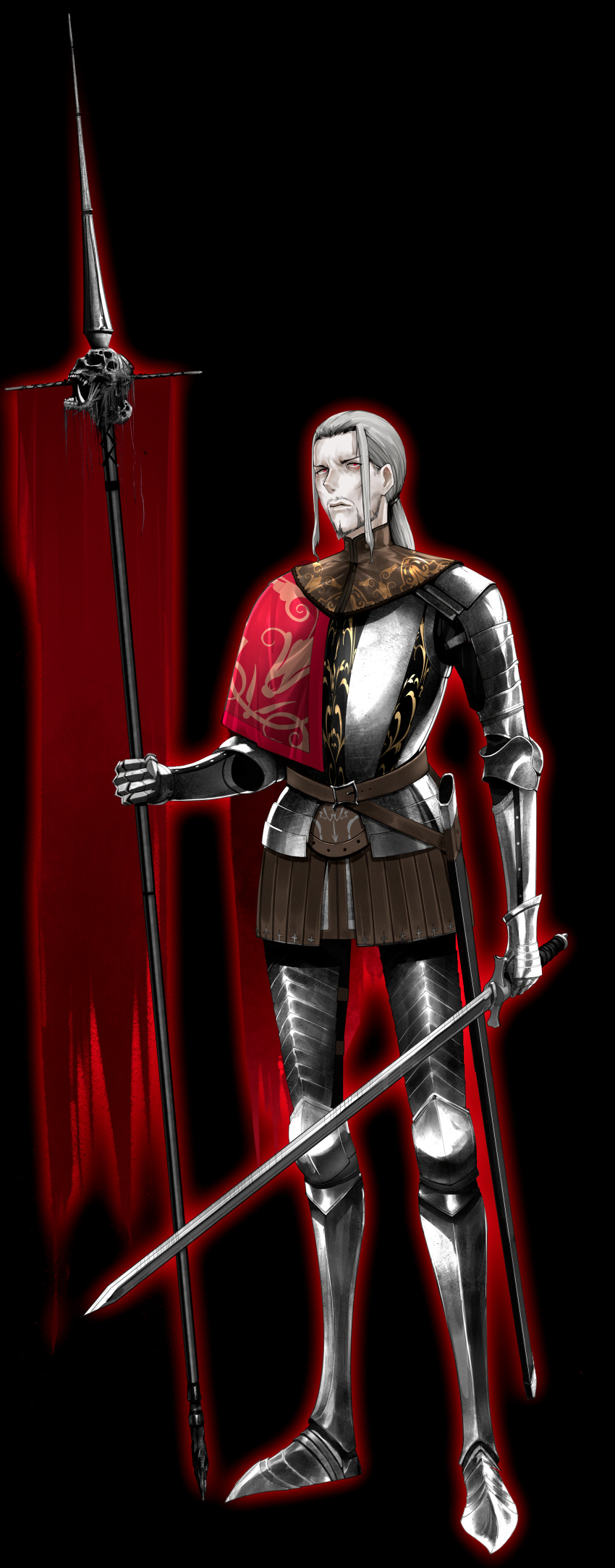 1boy absurdres armor banner belt breastplate capelet closed_mouth dual_wielding facial_hair gauntlets glowing greaves grey_hair highres holding holding_sword holding_weapon huge_filesize izaac knight long_hair male_focus original outline pauldrons red_capelet red_eyes red_outline scabbard sheath shoulder_armor simple_background skull solo standing sword torn turtleneck unsheathed vambraces weapon white_background