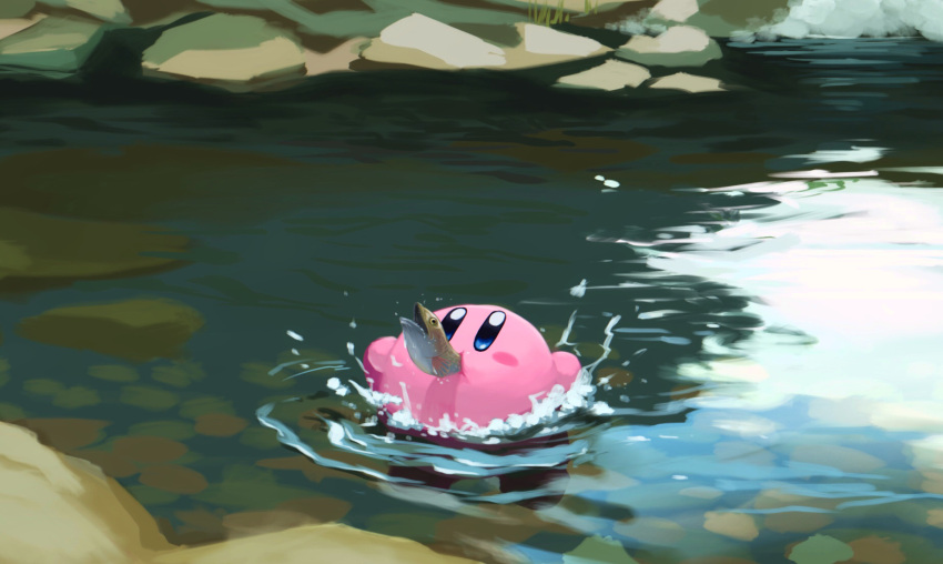 1boy blue_eyes blush_stickers day fish fish_in_mouth highres kirby kirby_(series) male_focus mouth_hold no_humans outdoors partially_submerged river rock solo suyasuyabi water