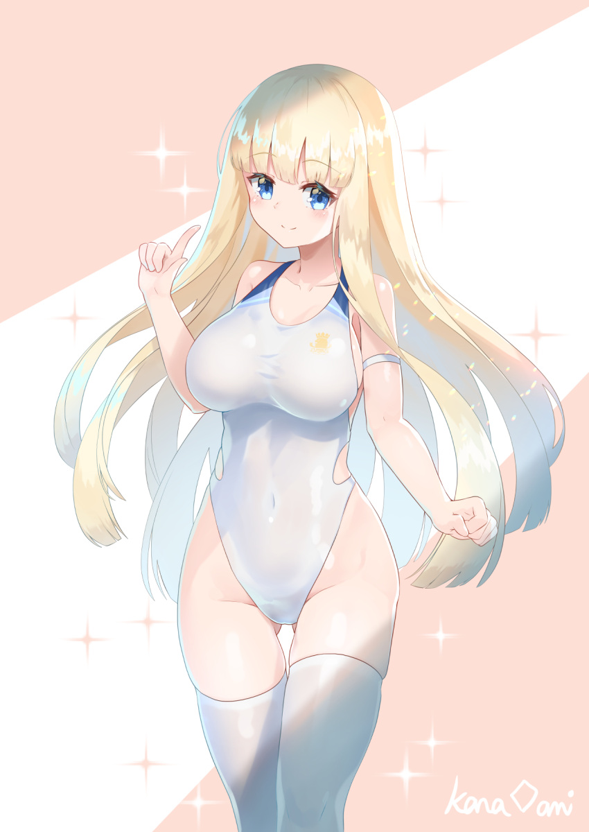 1girl ass_visible_through_thighs azur_lane blonde_hair blue_eyes breasts commentary_request commission competition_swimsuit cowboy_shot highleg highleg_swimsuit highres icarus_(azur_lane) icarus_(nereid's_discovery)_(azur_lane) kana_ami large_breasts long_hair looking_at_viewer official_alternate_costume one-piece_swimsuit skeb_commission solo swimsuit thigh-highs thigh_gap white_legwear white_swimsuit