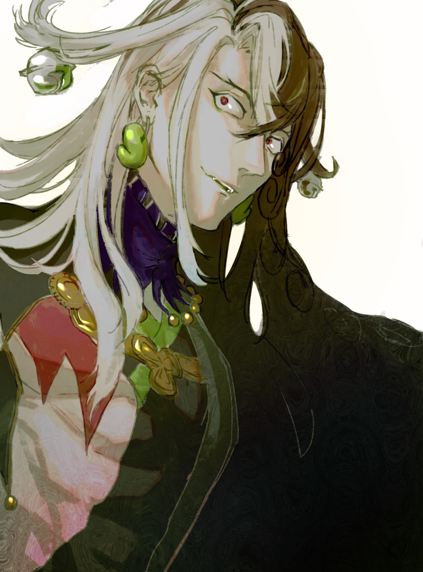 1boy absurdres ashiya_douman_(fate) asymmetrical_clothes asymmetrical_hair bell black_eyes black_hair covered_abs curly_hair earrings fate/grand_order fate_(series) green_eyeshadow green_lipstick hair_bell hair_between_eyes hair_intakes hair_ornament highres jewelry lipstick long_hair magatama magatama_earrings makeup male_focus multicolored_hair mumi_(mumiske) ribbed_sleeves solo toned toned_male two-tone_hair upper_body very_long_hair white_background white_hair wide-eyed