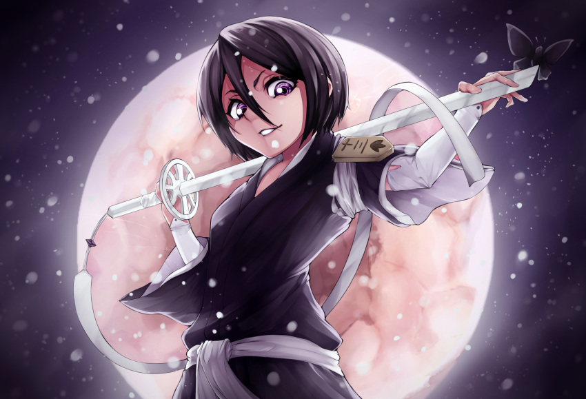 1girl arm_warmers black_hair bleach cowboy_shot eyebrows full_moon hair_between_eyes highres huksly katana kuchiki_rukia looking_at_viewer moon night over_shoulder shinigami short_hair smile snow sword violet_eyes weapon weapon_over_shoulder wide_sleeves zanpakutou