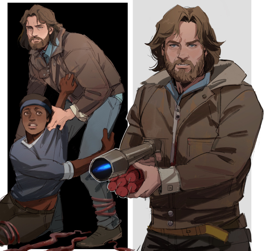 2boys absurdres bangs beard belt blue_eyes blue_headband blue_pants blue_shirt border brown_eyes brown_hair brown_jacket brown_pants clothes_grab collared_shirt commentary dark_skin dark_skinned_male dynamite english_commentary facial_hair flamethrower headband highres holding holding_weapon jacket leaning_forward lips long_sleeves looking_at_viewer male_focus multiple_boys multiple_views mustache nauls_(the_thing) outside_border pants parted_lips r.j._macready shirt short_hair sitting split_screen standing tentacles the_thing thisuserisalive upper_body weapon white_border zipper_pull_tab